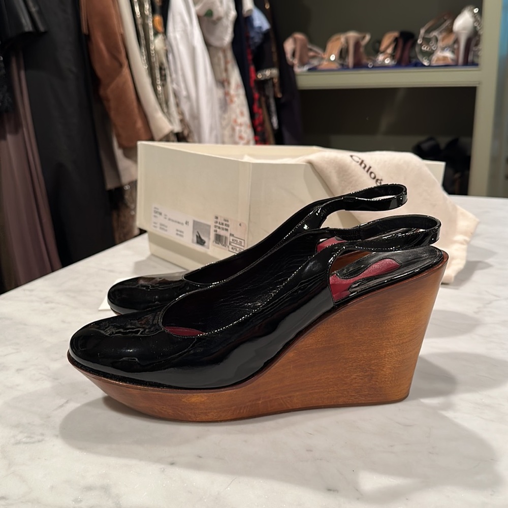 CHLOE low sling wooden with black patent leather wedges US Woman’s size 41